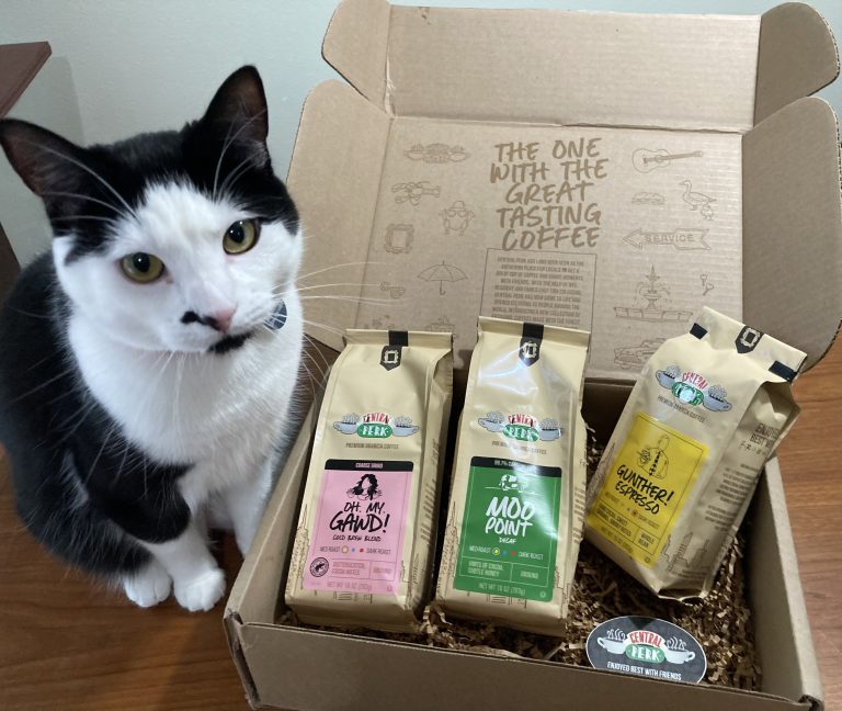 Central Perk coffee, with Dolly the cat earnestly modeling for scale. (She wanted the box.)